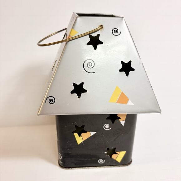 Cat Lantern Halloween Luminary Tin Metal Vtg Look Candycorn Lantern Decor - Picture 4 of 5